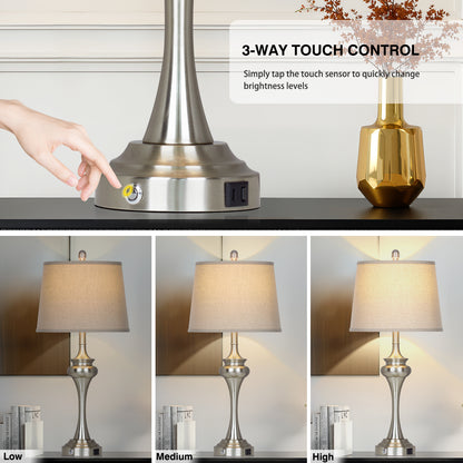 Cinkeda 30" Tall Table Lamps Set of 2, Silver Industrial Design with 3-Way Touch Dimming & USB/Type-C Ports for Bedroom Living Room