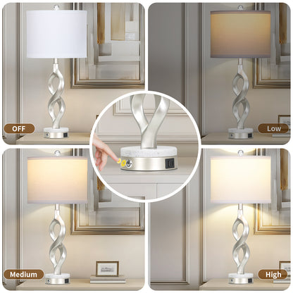 Cinkeda Silver Table Lamps 2 Pack, 30 Inch Touch Control Nightstand Lamp with USB A+C, Dimmable LED Modern Sculptural Lamp for Bedroom Living Room