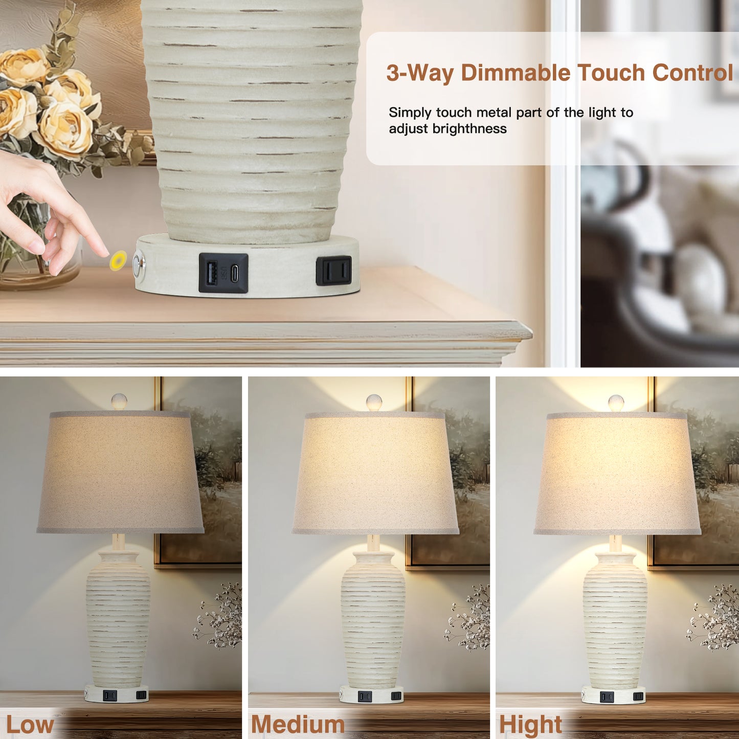 Cinkeda 25" Touch Control Table Lamp, White Resin Jar Body with Oatmeal Linen Shade, USB-C & AC Outlet, 3-Level Dimmable, Dimmable LED Bulb Included for Bedroom
