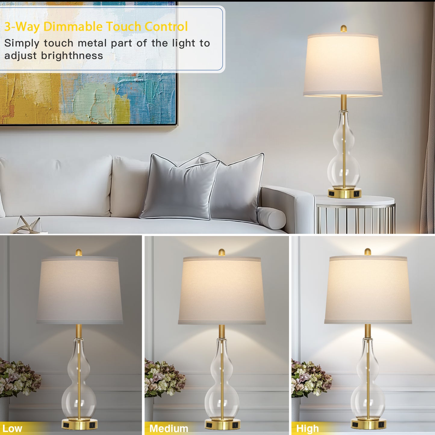 Cinkeda Clear Glass Table Lamp Set of 2 for Living Room Bedroom 27.5" 3-Way Dimmable Touch Control Bedside Lamps with USB Ports AC Outlet Morden Clear Glass Nightstand Lamp