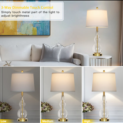 Cinkeda Clear Glass Table Lamp Set of 2 for Living Room Bedroom 27.5" 3-Way Dimmable Touch Control Bedside Lamps with USB Ports AC Outlet Morden Clear Glass Nightstand Lamp