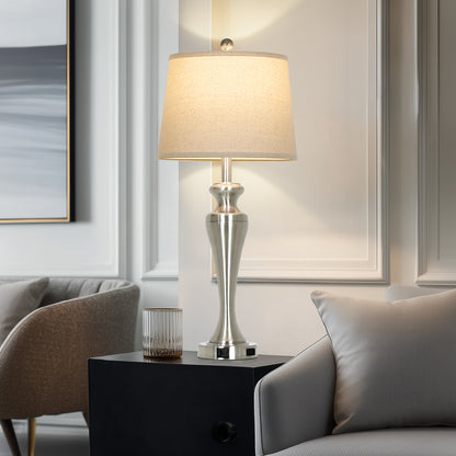 30" Classic Table Lamp, Silver Base with USB/Type-C & AC Outlet, Linen Shade, E26 Dimmable LED Bulb Included, 3-Way Touch Switch for Bedroom/Living Room(Set of 2)