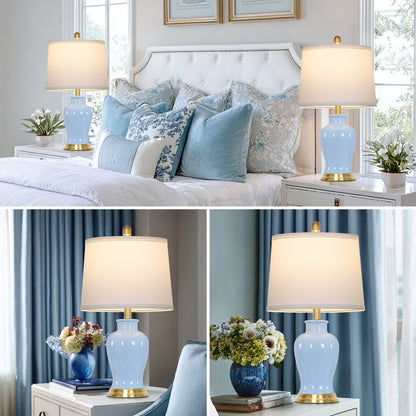 Elegant Table Lamps, Light Blue Ceramic Base & White Drum Shade, Gold Accents (Set of 2)