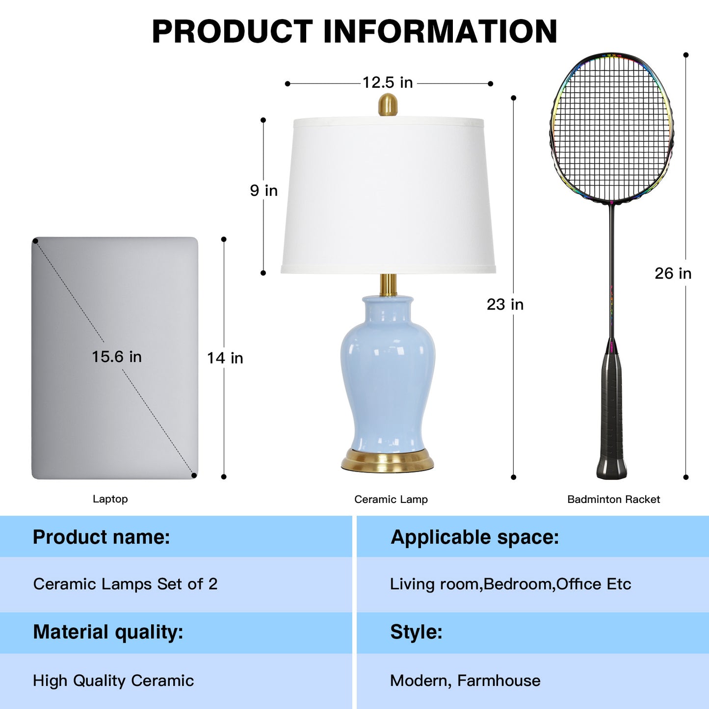 Elegant Table Lamps, Light Blue Ceramic Base & White Drum Shade, Gold Accents (Set of 2)