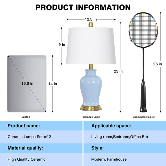 Elegant Table Lamps, Light Blue Ceramic Base & White Drum Shade, Gold Accents (Set of 2)