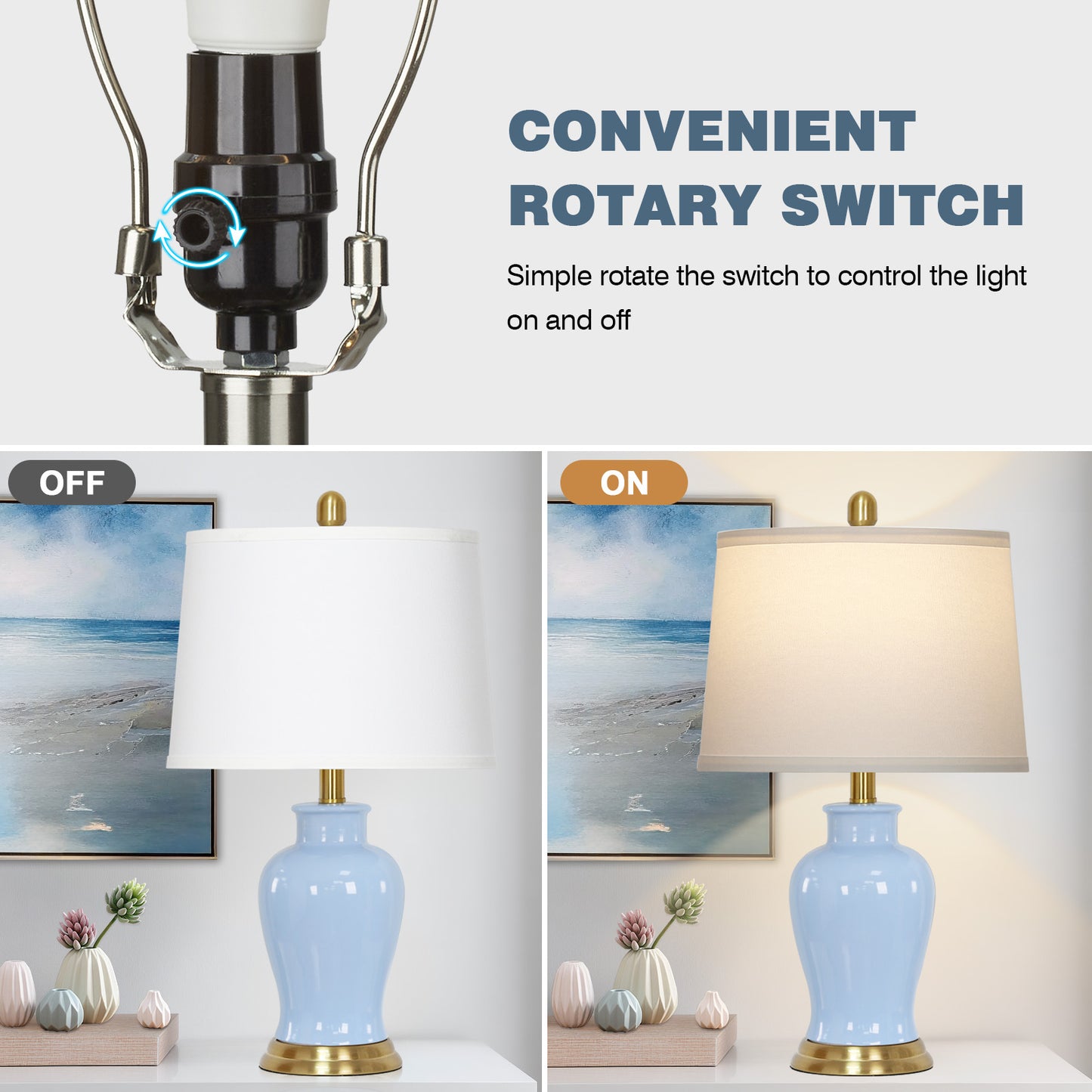 Elegant Table Lamps, Light Blue Ceramic Base & White Drum Shade, Gold Accents (Set of 2)