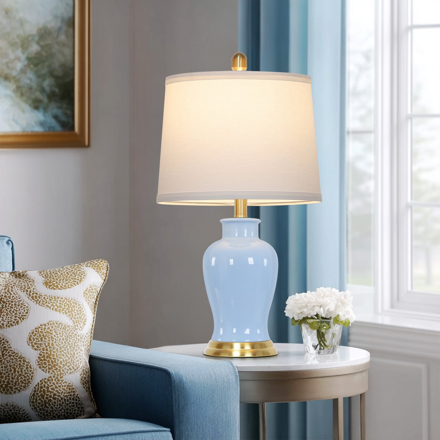 Elegant Table Lamps, Light Blue Ceramic Base & White Drum Shade, Gold Accents (Set of 2)