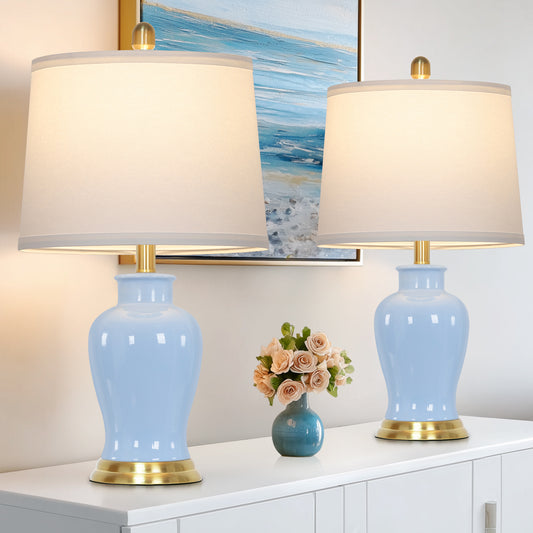 Elegant Table Lamps, Light Blue Ceramic Base & White Drum Shade, Gold Accents (Set of 2)