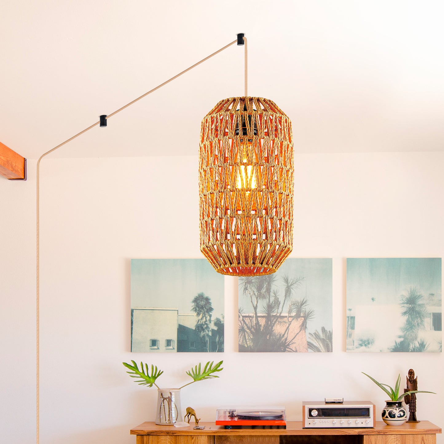 Cinkeda Pendant Light Brown Rattan Rotary Switch Stepless Dimming