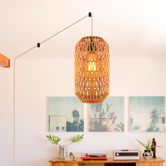 Cinkeda Pendant Light Brown Rattan Rotary Switch Stepless Dimming