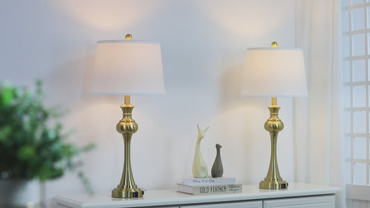 Modern Brass Table Lamps with USB-C & AC Outlets, 9W Dimmable LED(Set of 2)