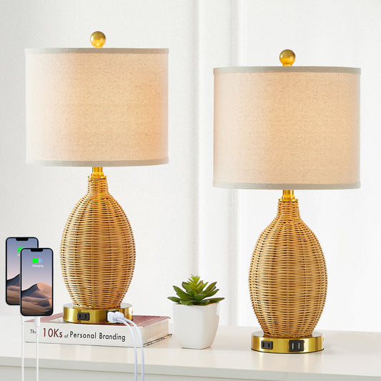 Brown Natural Rattan Table Lamp with Touch Dimmer and USB Port (Set of 2)