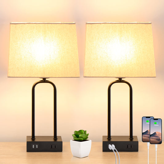 Table Lamp Black Metal Arched Frame USB Ports Touch Dimmer(Set of 2)