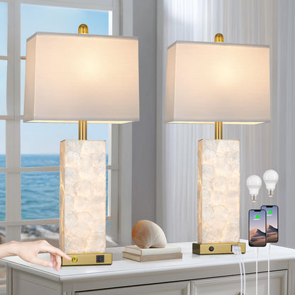 Cinkeda 28" Gold Table Lamp Set of 2, Coastal Seashell Bedside Nightstand Lamps with USB A+C Ports & Night Light for Living Room Bedroom