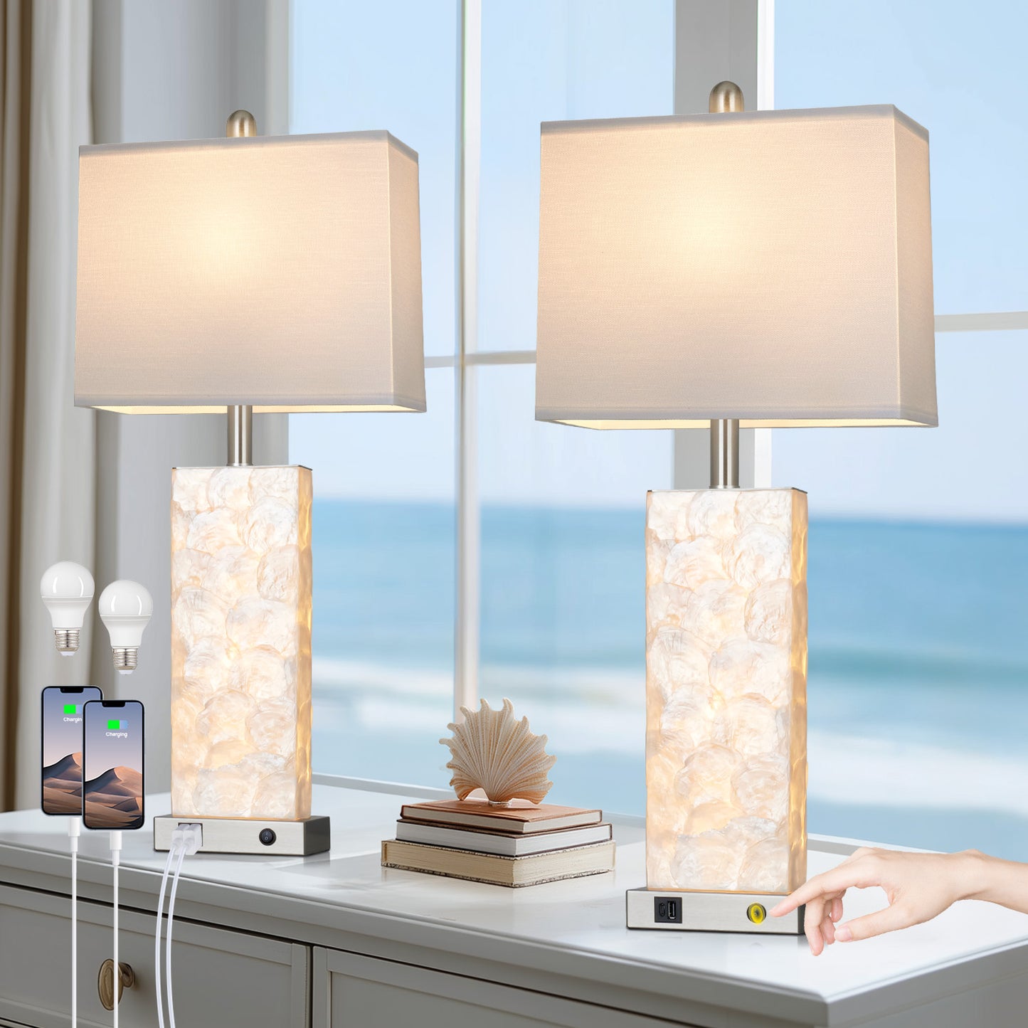 Cinkeda 28" Nickel Seashell Table Lamps Set of 2, Dual Switch Bedside Nightstand Lamps with USB & Type-C Ports, Night Light for Living Room