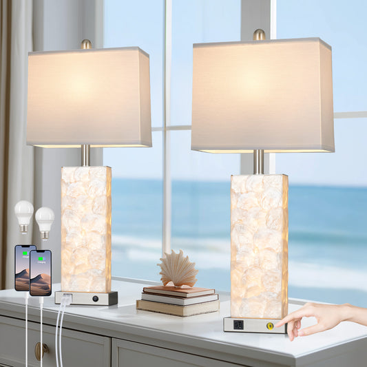 Cinkeda 28" Nickel Seashell Table Lamps Set of 2, Dual Switch Bedside Nightstand Lamps with USB & Type-C Ports, Night Light for Living Room