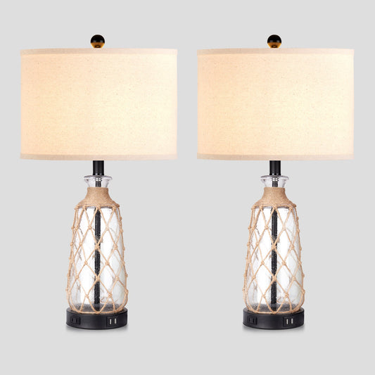 Brown glass rattan table lamp with touch dimmer, USB port and AC outlet (Set of 2)