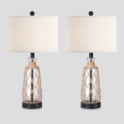 Brown glass rattan table lamp with touch dimmer, USB port and AC outlet (Set of 2)