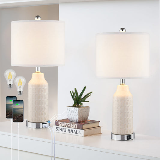 Table Lamps White Ceramic Touch Dimming USB Port AC Outlet(Set of 2)