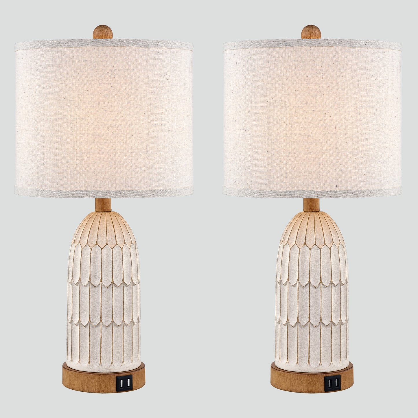 Cinkeda Table Lamp Beige Resin 3-Way Touch Dimming USB Port(Set of 2)