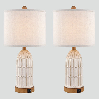 Cinkeda Table Lamp Beige Resin 3-Way Touch Dimming USB Port(Set of 2)