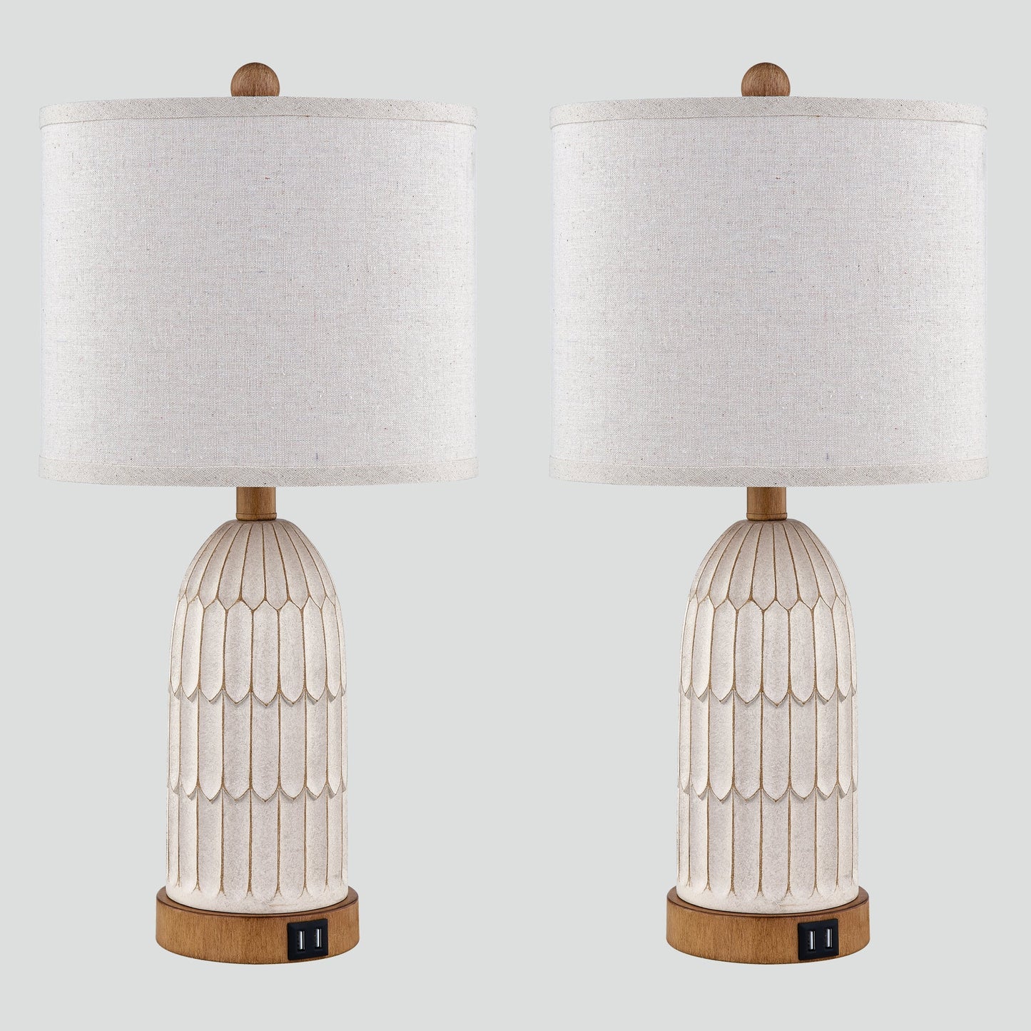 Cinkeda Table Lamp Beige Resin 3-Way Touch Dimming USB Port(Set of 2)