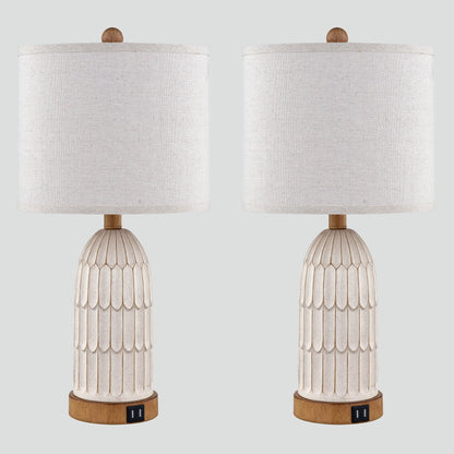 Cinkeda Table Lamp Beige Resin 3-Way Touch Dimming USB Port(Set of 2)