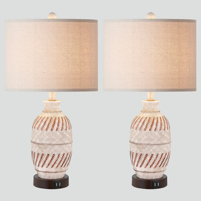 Cinkeda Table Lamp Beige Resin Carving Touch 3-Way Dimming (Set of 2)