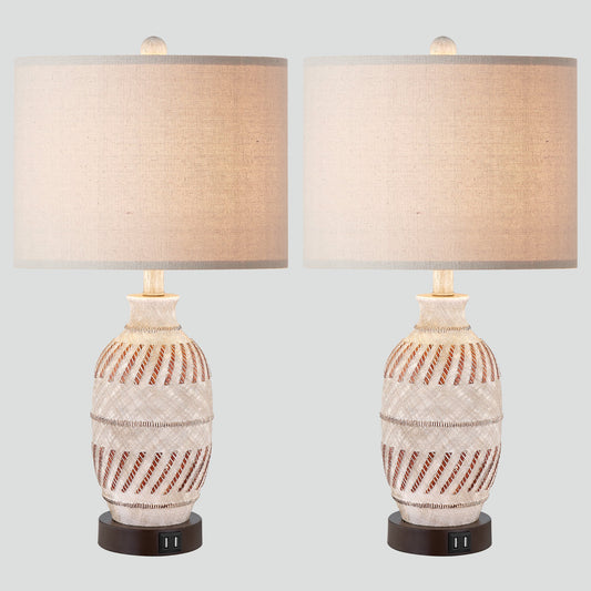Cinkeda Table Lamp Beige Resin Carving Touch 3-Way Dimming (Set of 2)