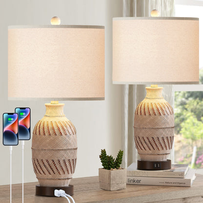 Cinkeda Table Lamp Beige Resin Carving Touch 3-Way Dimming (Set of 2)