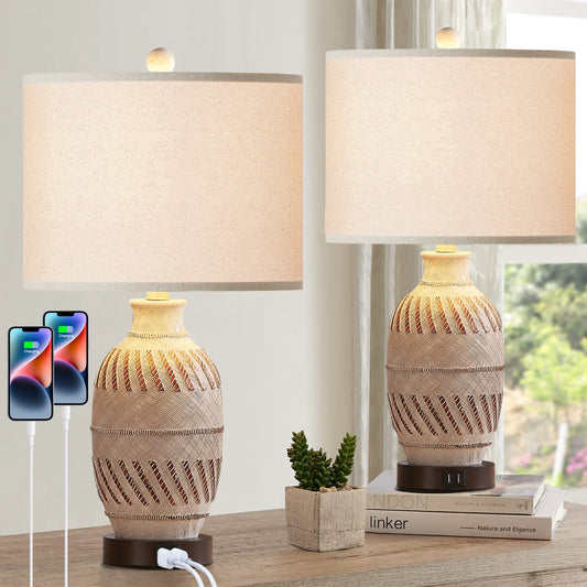 Cinkeda Table Lamp Beige Resin Carving Touch 3-Way Dimming (Set of 2)
