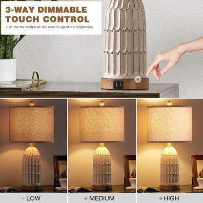 Cinkeda Table Lamp Beige Resin 3-Way Touch Dimming USB Port(Set of 2)