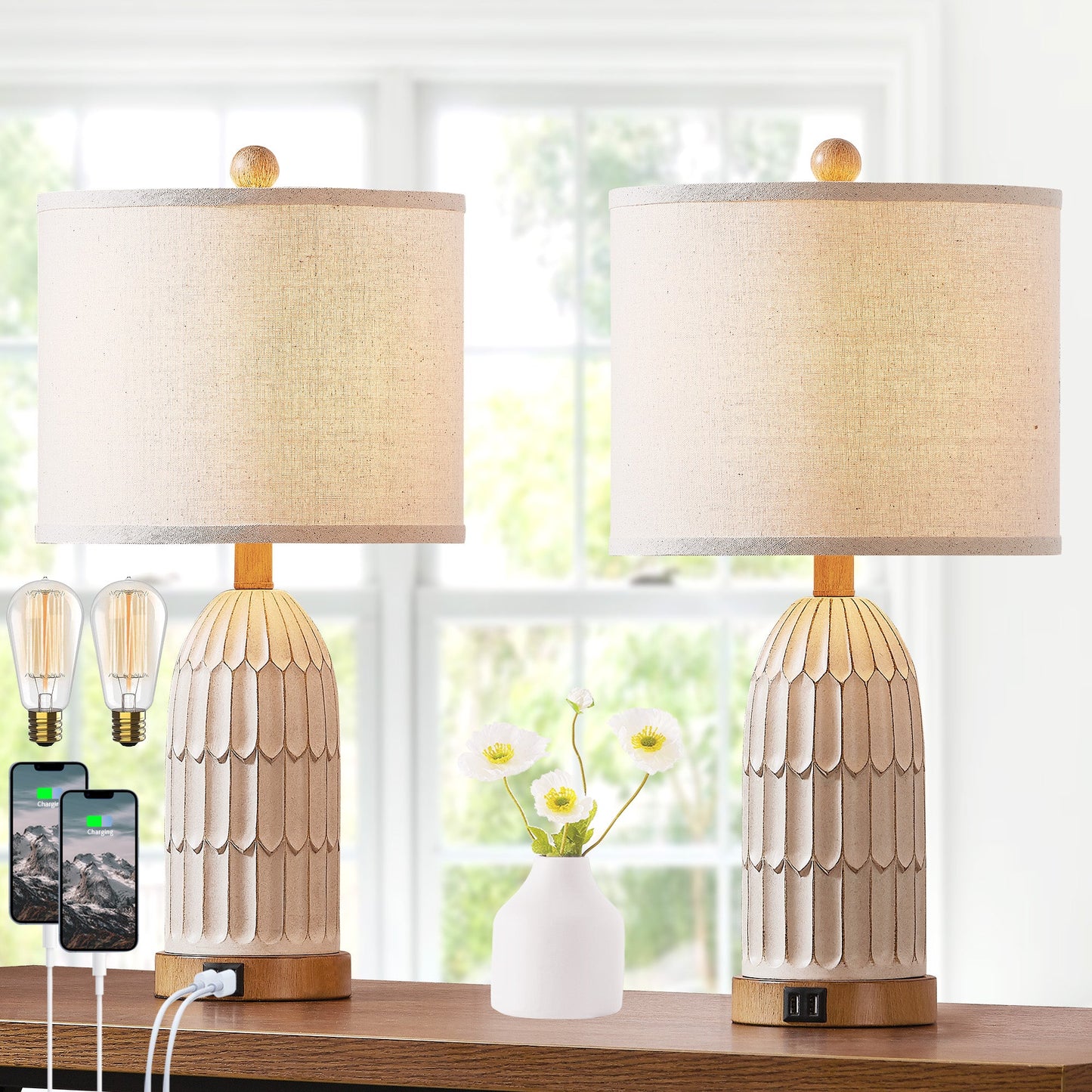 Cinkeda Table Lamp Beige Resin 3-Way Touch Dimming USB Port(Set of 2)