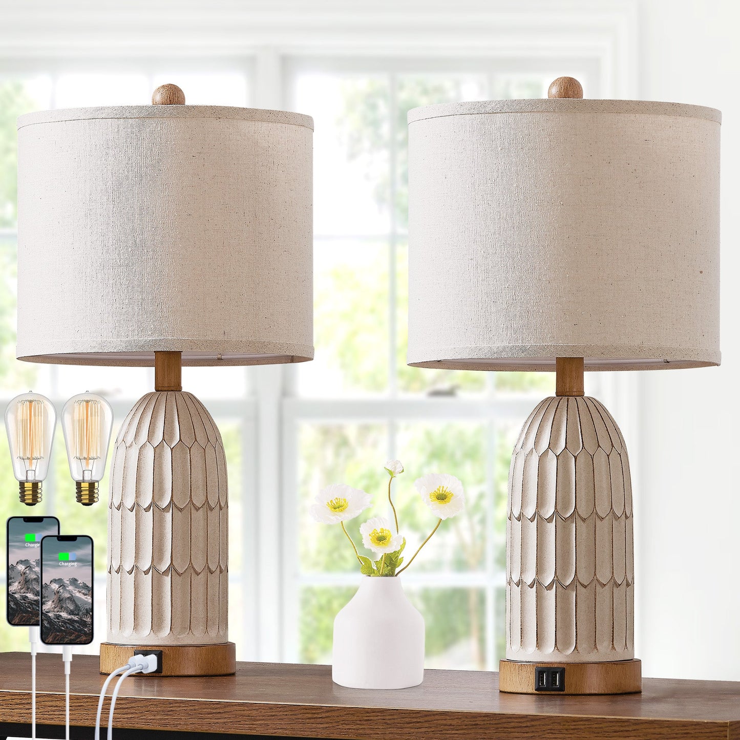 Cinkeda Table Lamp Beige Resin 3-Way Touch Dimming USB Port(Set of 2)