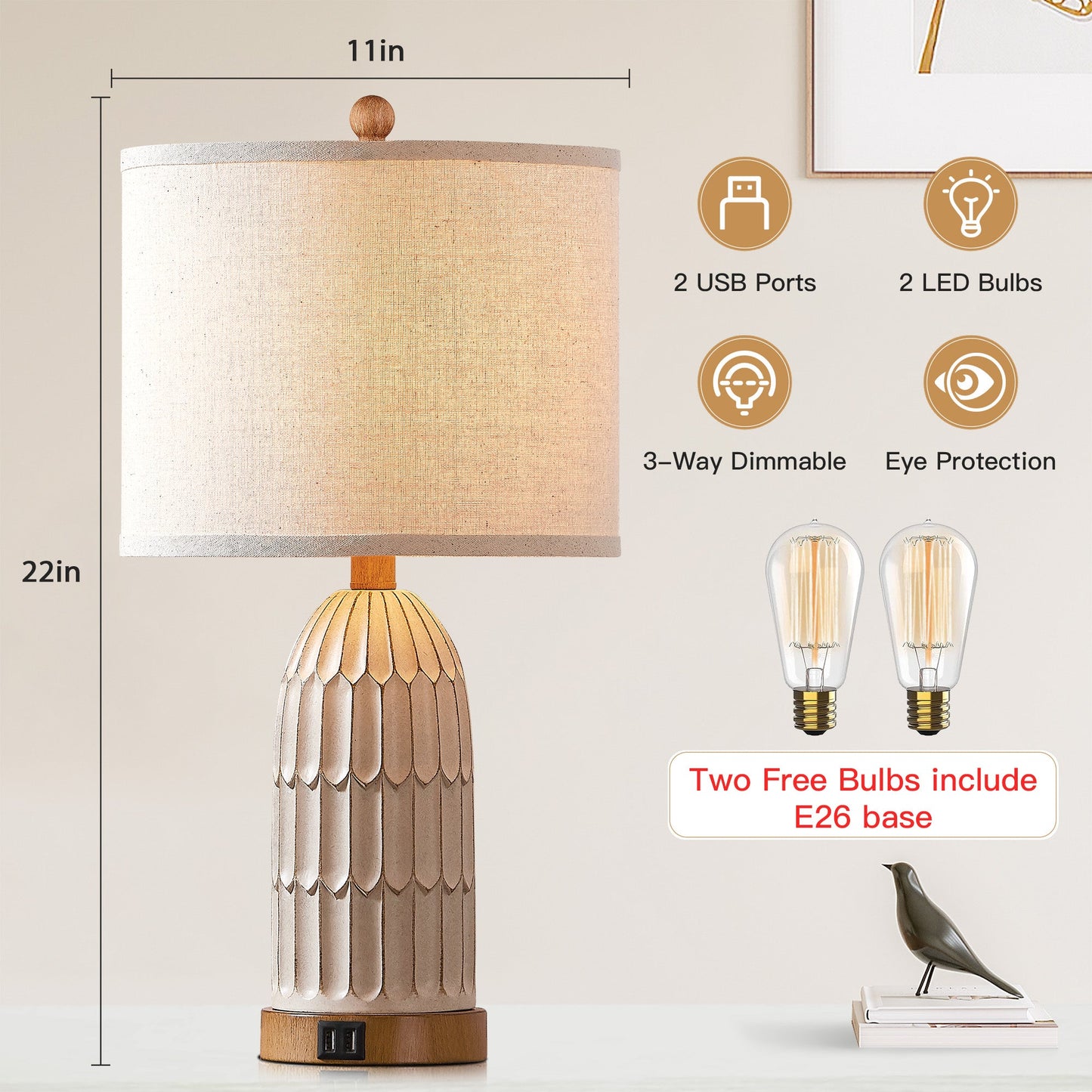 Cinkeda Table Lamp Beige Resin 3-Way Touch Dimming USB Port(Set of 2)