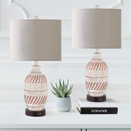 Cinkeda Table Lamp Beige Resin Touch Dimming 2 USB Ports