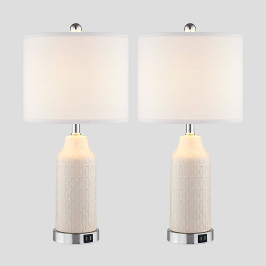 Table Lamps White Ceramic Touch Dimming USB Port AC Outlet(Set of 2)