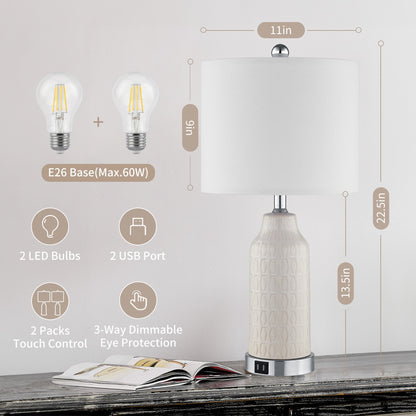 Table Lamps White Ceramic Touch Dimming USB Port AC Outlet(Set of 2)