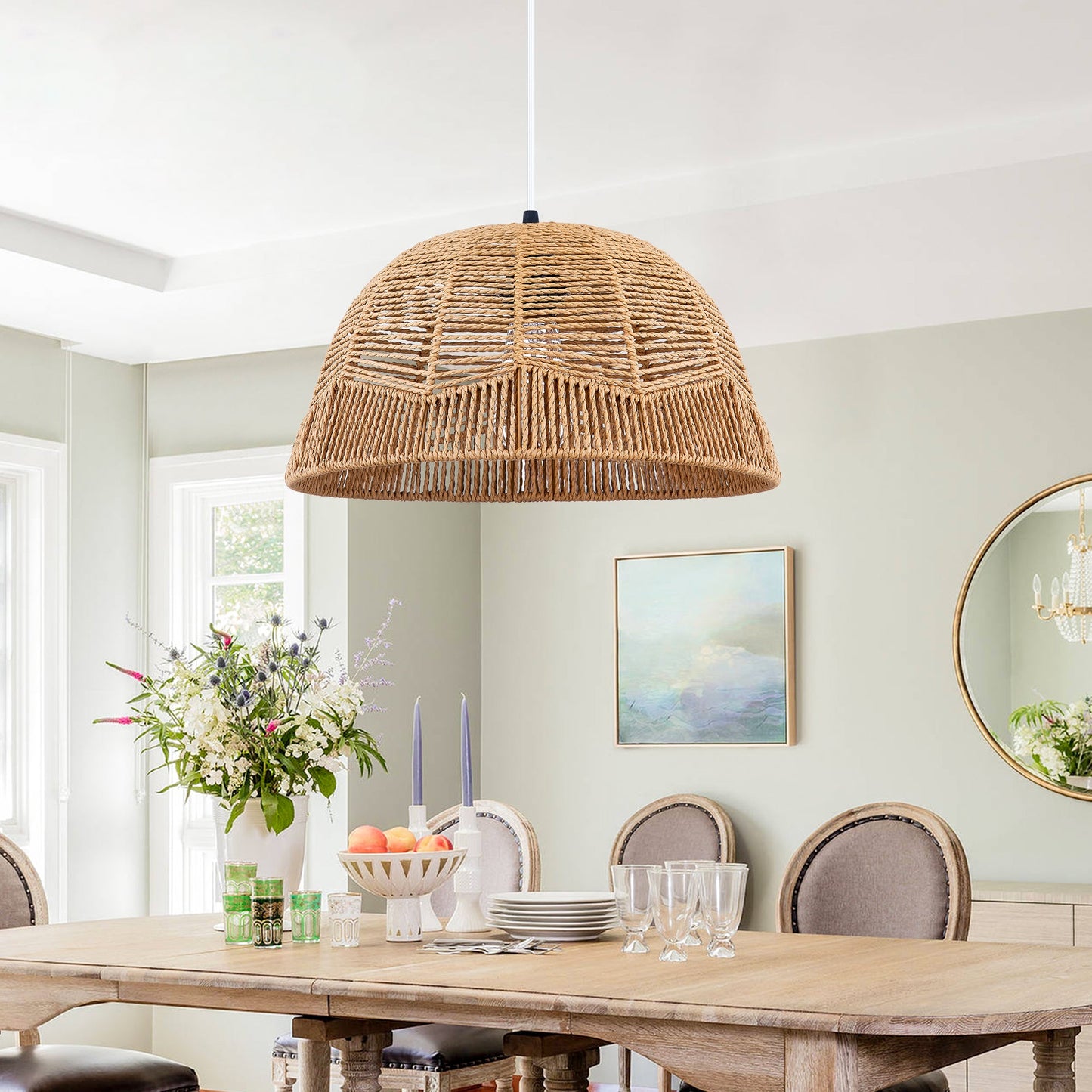Rattan Pendant Lamp with Adjustable Height & Brightness Dimming Switch