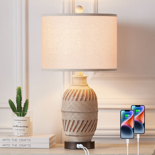 Cinkeda Table Lamp Beige Resin Touch Dimming 2 USB Ports