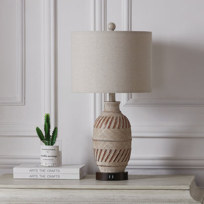 Cinkeda Table Lamp Beige Resin Touch Dimming 2 USB Ports