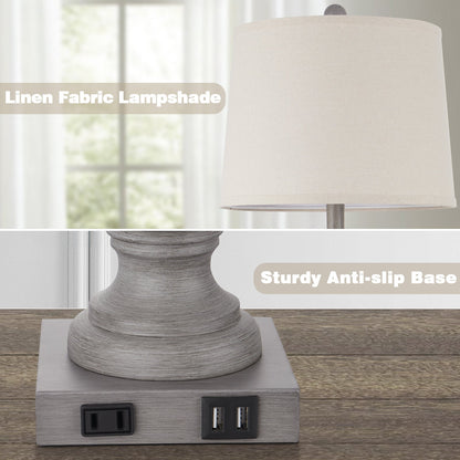 Cinkeda Table Lamp Gray Resin USB Port & AC Outlet (Set of 2)