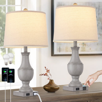 Cinkeda Table Lamp Gray Resin USB Port & AC Outlet (Set of 2)