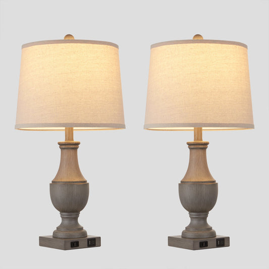 Cinkeda Table Lamp Gray Resin USB Port & AC Outlet (Set of 2)