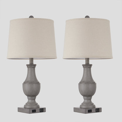 Cinkeda Table Lamp Gray Resin USB Port & AC Outlet (Set of 2)