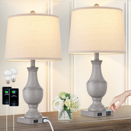 Cinkeda Table Lamp Gray Resin USB Port & AC Outlet (Set of 2)