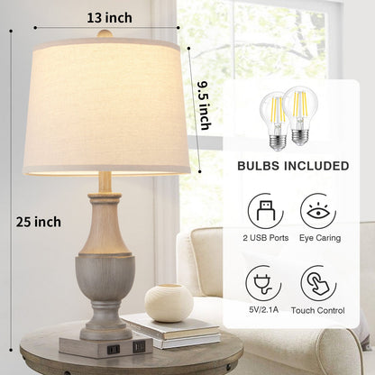 Cinkeda Table Lamp Gray Resin USB Port & AC Outlet (Set of 2)