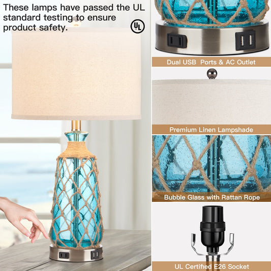 Blue Glass Rattan Table Lamp with 3-Way Dimming, USB Port and AC Outlet (Set of 2)