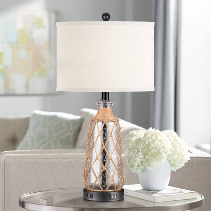 Brown glass rattan table lamp with touch dimmer, USB port and AC outlet (Set of 2)