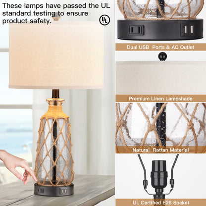 Brown glass rattan table lamp with touch dimmer, USB port and AC outlet (Set of 2)